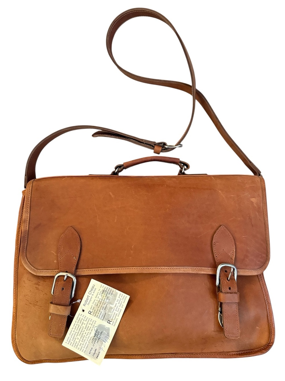 Vintage Robert Cheau Saddle Tan Leather Briefcase Messenger Bag Unused